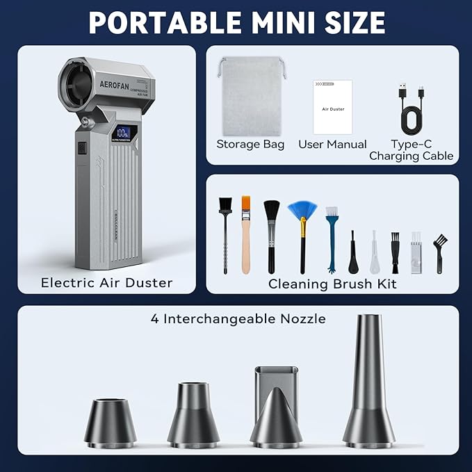 Compressed Air Duster - 160,000RPM Electronic Air Duster with LED Light, 4-Gear Adjustable Mini Turbo Fan Duster, Rechargeable Cordless Air Blower Gun for PC/Keyboard/Car/Home/Outdoor