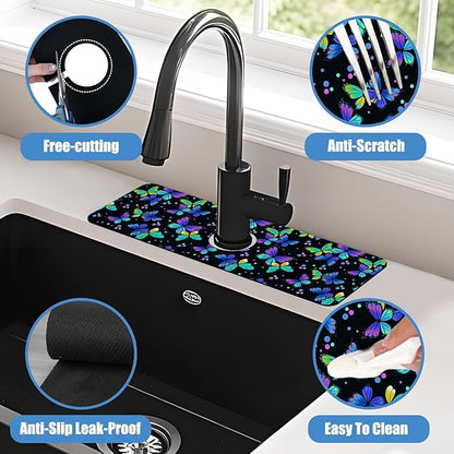 Sink Faucet Absorbing Mat Colourful Butterflies Sink Splash Guard Drying Mat for Kitchen Bathroom Faucet Sinkmat 15.5"X5.5"