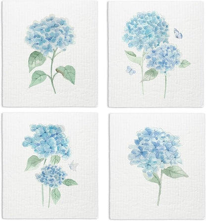 Spring Floral Swedish Dishcloths for Kitchen, Swedish Dish Cleaning Cloths for Hydrangea, Papaya Reusable Paper Towels, 4 Pack Dish Towels for Kitchen, Reusable Paper Dishcloths Washable