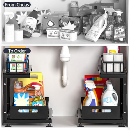 Saydear Under Sink Organizer, 2-Tier Premium Metal Pull-Out Racks with Adjustable Height, Heavy Duty Sliding Bin for Bathroom and Kitchen Cabinet Storage, Rust Resistant 1 Pack Black