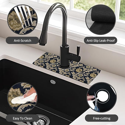 15" X 5.5" Kitchen Sink Splash Guard Faucet Mat Floral Flower Super Absorbent Fast Drying Faucet Guard & Draining Mat Sink Splash Guard Behind Faucet for Kitchen, Bathroom