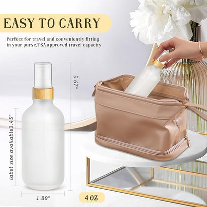 4-Pack 4 Oz Glass Spray Bottle with Bamboo Lid,Empty Refillable Fine Mist Atomizer,Leak-Proof Travel Liquid Holder Container for Cologne,Essential Oils,Room Sprays,Cleaning Solutions (Frosted)