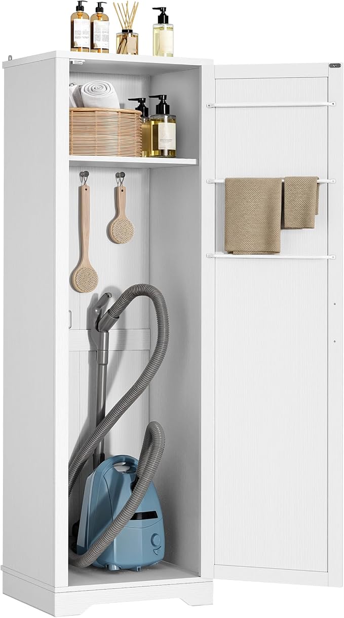 DWVO Broom Closet Storage Cabinet, Wooden Organizer for Mops, Brooms, and Bucket Vacuum Cleaners with Upper Shelf and Towel Hanging Options