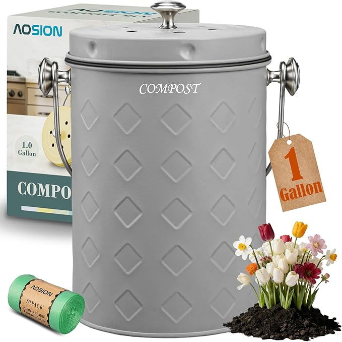 AOSION Countertop Compost Bin Kitchen,Odorless Indoor Compost Bin with Lid,Farmhouse Composter Container for Food Waste,Includes 2 Carbon Filters, Small Compost Bucket,Trash Bags (Modern, Grey)