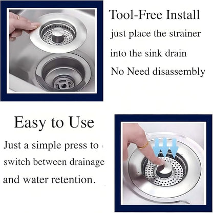 3-in-1 Kitchen Sink Drain Strainer Stopper, 304 Stainless Steel Pop Up Drain Plug, Anti-Clog Odor Prevention Sink Basket, Tool-Free Easy Install, Fits US Standard 3-1/2" Drain Hole, 2 Pack