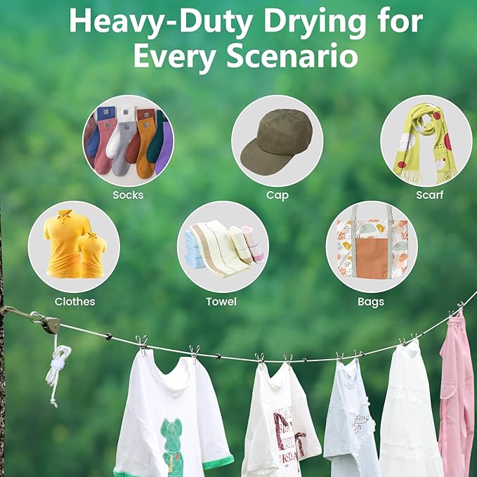 Retractable Travel Clothesline, 19FT Adjustable Heavy-Duty Line with Reflective Pulley System, Stainless Hooks & Clips – Portable for Camping, Cruise, Hotel, Balcony & Outdoor Laundry (Green)