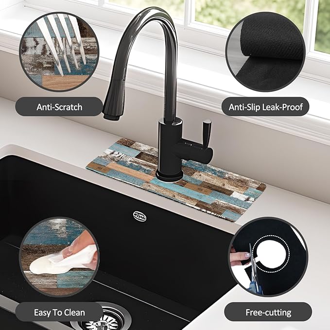 2PCS 15" X 5.5" Kitchen Sink Splash Guard Faucet Mat Wood Grain Super Absorbent Fast Drying Faucet Guard & Draining Mat Sink Splash Guard Behind Faucet for Kitchen, Bathroom