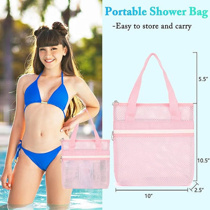Fammart Mesh Shower Caddy Portable with Zipper & 2 Pockets - Quick Dry Shower Caddy Hanging for Travel Gym Camp Beach - Organizer Bag Bathroom Essentials for College Dorm