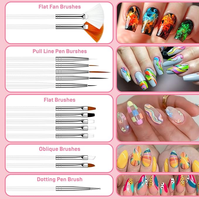 MUIIGOOD 15pcs White Nail Art Brushes Set Nail Pen Designer Acrylic Nail Art Gel Painting Brushes Tool Dust Brush,Striping Brushes Dotting Tools for Long Lines Fan Brush Gel Polish Nail Art Supplies