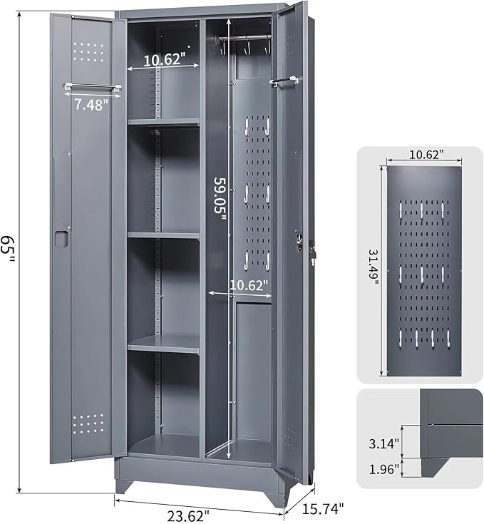 65" H Metal Broom Closet Storage Cabinet, Freestanding Garage Storage Cabinet with Hanging Rod and Locking Doors, Bathroom Storage Cabinet, Cleaning Tool Cabinet for Garage Patio Garden, Grey