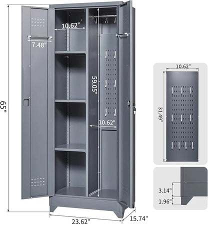 65" H Metal Broom Closet Storage Cabinet, Freestanding Garage Storage Cabinet with Hanging Rod and Locking Doors, Bathroom Storage Cabinet, Cleaning Tool Cabinet for Garage Patio Garden, Grey