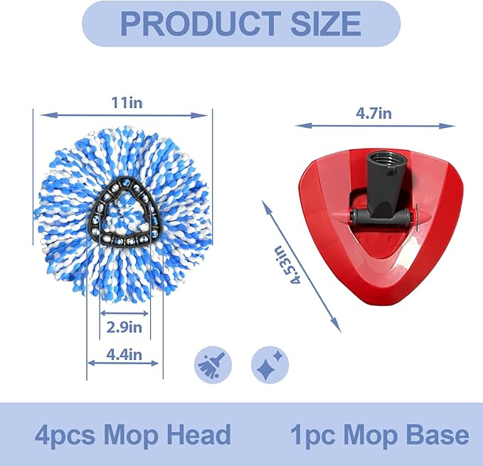 Mop Head Replacement Set for O Ceda 2-Tank Spin Mop, 4 Pack Washable Microfiber Refills + 1 Mop Base Cover, Reinforced Lock Design, Durable & Reusable