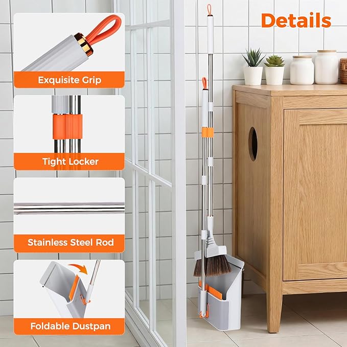 Broom and Dustpan Set with Adjustable Handle, Upright Design, Built-in Comb Teeth, Mint Green, for Home Office Hardwood Floors Pet Hair (Silver/Gray)