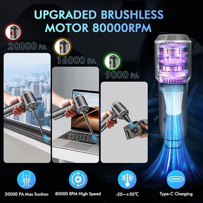 Car Vacuum Portable Cordless, 20000Pa 4-in-1 Handheld Cleaner & Air Duster, 80000RPM Brushless Motor, Type-C Charging, HEPA Filter, Storage Case for Car Home Office (Silver)
