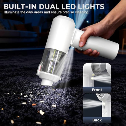 Car Vacuum Cordless: 12000Pa 2 in 1 Handheld Vacuum & Blower - Hand Vacuum Portable Cordless with Led Light, Multi-Nozzles for Car, Home, Office, Pet, Hair White