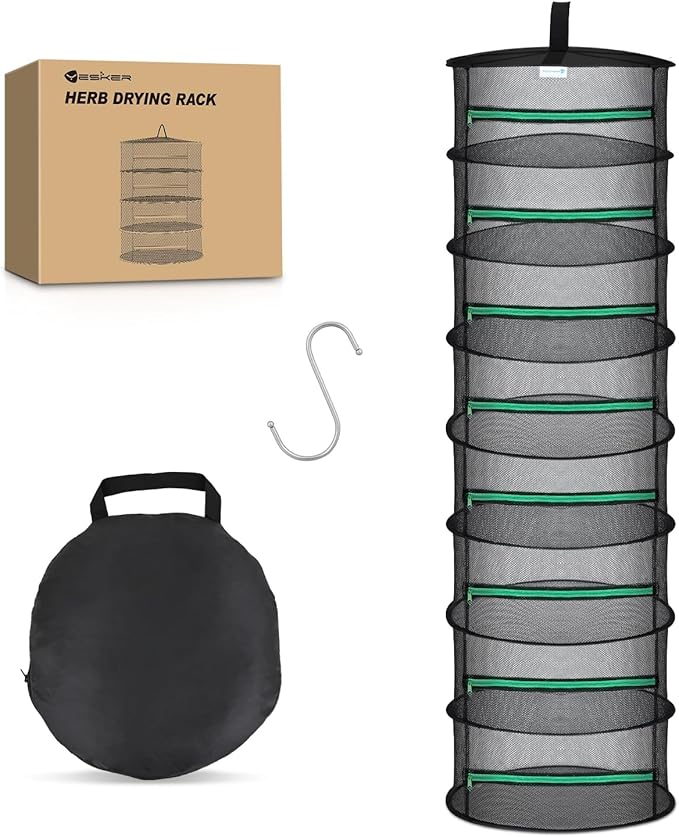 Yesker 8 Layer Herb Drying Rack Hanging Mesh Net Foldable Plant Drying Racks 24" Diameter with Green Zipper & Hook Dryer Hanging Rack for Herbs Seed Bud Fruit Clothes Grow Tent Closets Garden Outdoor