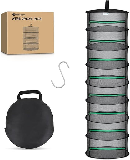 Yesker 8 Layer Herb Drying Rack Hanging Mesh Net Foldable Plant Drying Racks 24" Diameter with Green Zipper & Hook Dryer Hanging Rack for Herbs Seed Bud Fruit Clothes Grow Tent Closets Garden Outdoor