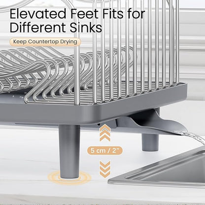 Dish Drying Rack Large Capacity - Stainless Steel Dish Rack for Kitchen Counter with Drain Board, Rustproof Dish Drainer with Auto Drain Spout Utensil Holder Glass Holder, Dinnerware Organizer, Gray