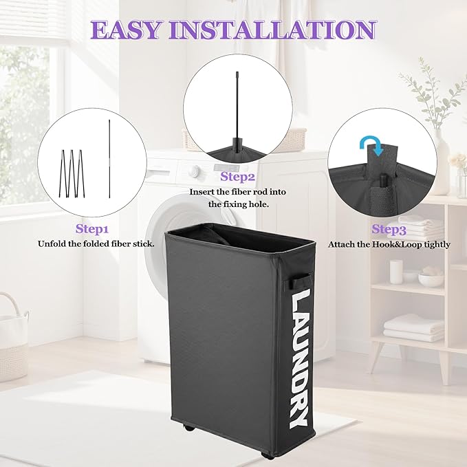 42L Narrow Rolling Laundry Basket, Slim Laundry Hamper with Wheels and Brake, Collapsible Skinny Laundry Cart for Dorm and Small Spaces, Dark Gray