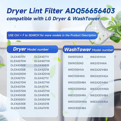 ADQ56656403 Dryer Lint Filter Screen Replacement for LG WashTower & Dryers | Compatible with DLEX4000W DLGX4001W DLGX4201B DLGX4201W | 11.2" × 10.9" Lint Trap | Replaces 4960837 AP7012980 PS16546780