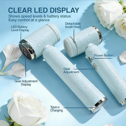 Electric Face Scrubber with Led Display & Facial Cleansing Brush - 6-in-1 Exfoliating Kit, 3 Speeds, IPX6 Waterproof Face Brush for Deep Cleaning, Massage & Gentle Exfoliation-Milk White