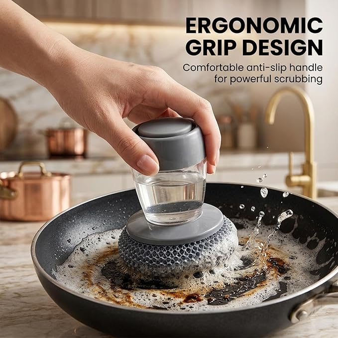 Sakerplus Dish Brush Kitchen Soap Dispensing Palm Brush, Comfort Grip Soap Dispensing Kitchen Scrub, Palm Brush Dish Scrubber with Holder for Kitchen Sink (2, Light Gray, PET)