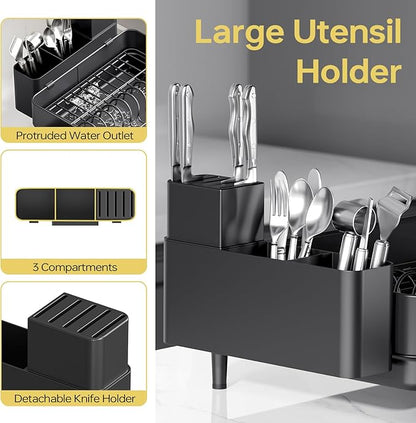 Urackify Dish Drying Rack for Kitchen Counter, 304 Stainless Steel Dish Rack, Expandable Dish Drainer, Foldable Dish Strainer with Cutlery Holder, Kitchen Plate Rack (Black, Large Size)