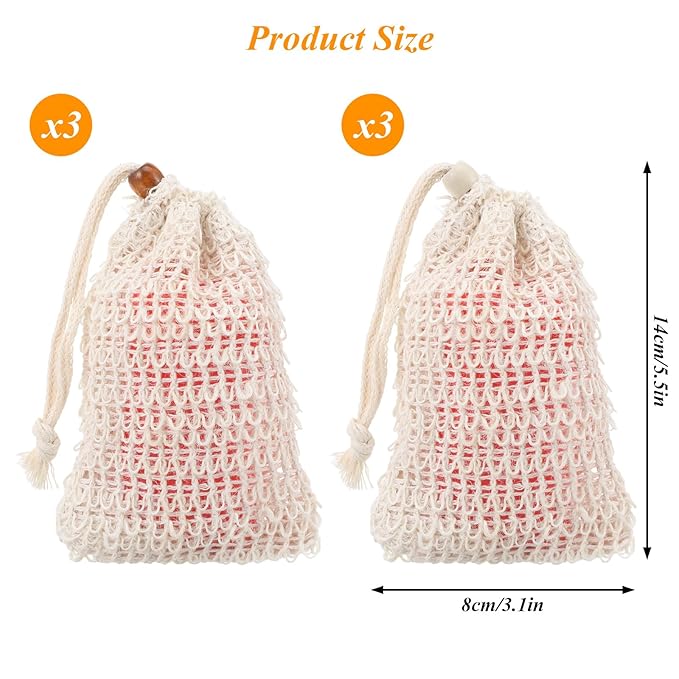 6 Pack Soap Bag, Natural Sisal Soap Saver Bag Exfoliating Sisal Soaps Pouch with Drawstring Bar Shower Soaps Saver Bags Foaming and Drying Holder for Shower