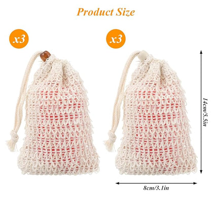 6 Pack Soap Bag, Natural Sisal Soap Saver Bag Exfoliating Sisal Soaps Pouch with Drawstring Bar Shower Soaps Saver Bags Foaming and Drying Holder for Shower