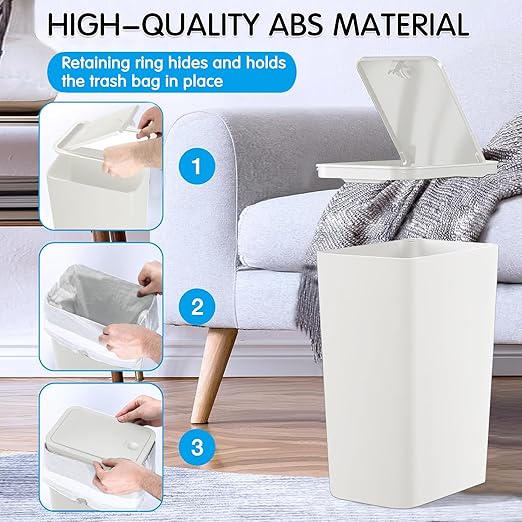 2.65-gallon/10-liter Push-Button Trash can with lid + 100 Trash Bags. Features pet-Proof, Odor-Proof, and Quiet-Closing Functions; Suitable for bedrooms, bathrooms, Kitchens, and Offices (White)