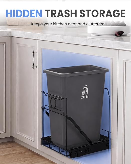 Stainless Steel Slide-Out Trash Bin Rack, Enhanced Heavy-Duty Cabinet Pull-Out System for 7–11 Gallon Cans, Black (Bin Not Included)