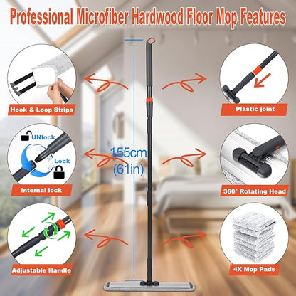 24inch Flat Mop for Cleaning Floors Heavy Duty Microfiber Wet Mop Deep Cleaning for Hardwood, Tile & Laminate, Includes 4 Reusable Washable Pads and Adjustable Long Handle