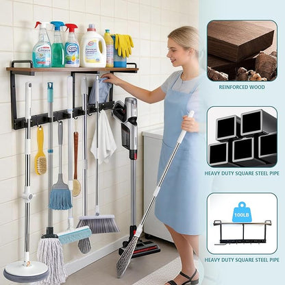 Broom Holder Wall Mount With Cleaning Supplies Organizer Shelf Broom And Mop Organizer Wall Hanging With Vacuum Holder Wall Mount, Wall Mounted Broom Hanger Utility Racks For Home Garage Laundry Room