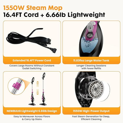 14-in-1 Steam Mop, 1550W Detachable Handheld Steam Cleaner for Floor Cleaning, 16.4 FT Cord, 2 Washable Pads, Multi-Purpose Floor Steamer for Hardwood, Carpet, Tile, Grout