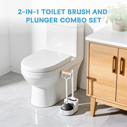 Sellemer 2 in 1 Toilet Brush and Plunger Set, Curved Design Head for Deep Clean, Heavy Duty Toilet Bowl Brush and Plunger Combo with Holder for Bathroom,White, 1 Pack