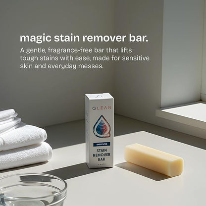 QLEAN Vegan Stain Remover Bar for Fabrics, Laundry Bar Soap for Clothes – Plant-Based, Travel-Friendly Stain Remover for Grease, Wine, Coffee, Grass & More – Non-Toxic & Safe for Delicates (1)