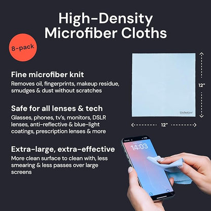 Elite Tech Gear Large Microfiber Cleaning Cloth (8-Pack) 12" x 12" - Glasses Cleaning Cloth for TV Screens, Camera Lenses and Tablets (Blue)