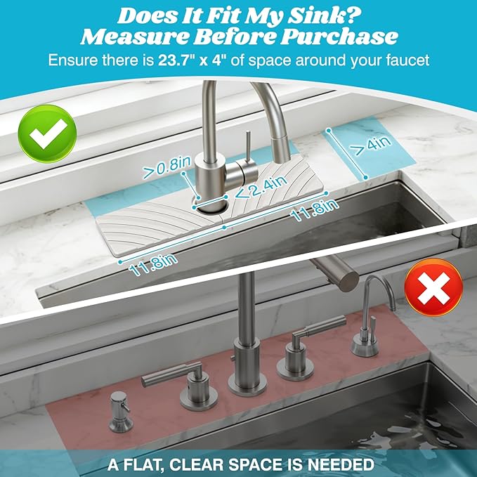 SpaceHacks Stone Faucet Mat for Kitchen Sink - Fast Drying Diatomite Stone Drying Mat, Textured Drainage Sink Protector, Water Splash Guard with Base Pads for Bathroom Counter (15.7x4 in, White)