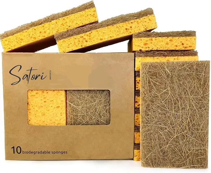 Natural Kitchen Sponges – 10 Pack Plant-Based Coconut & Cotton Scrubbers, Dual-Sided, Eco-Conscious, Odor-Resistant Dishwashing Sponges for Dishes, Pots & Pans