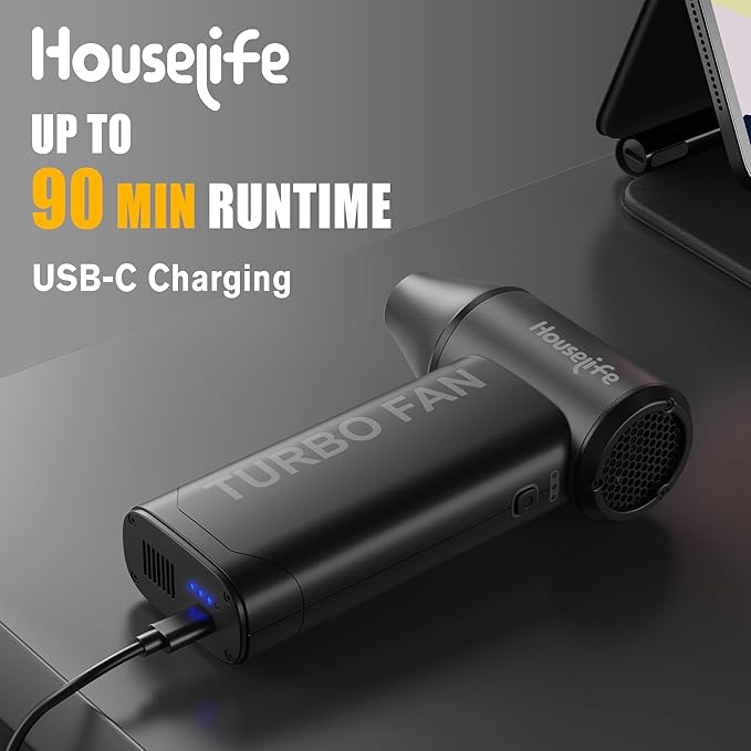 Houselife 150,000 RPM Magnetic Electric Air Duster - Brushless Compressed Air Duster, 3-Gear Adjustable, Rechargeable Mini Blower for PC, Keyboard, Car Drying & Detailing, Reusable Air Can Alternative