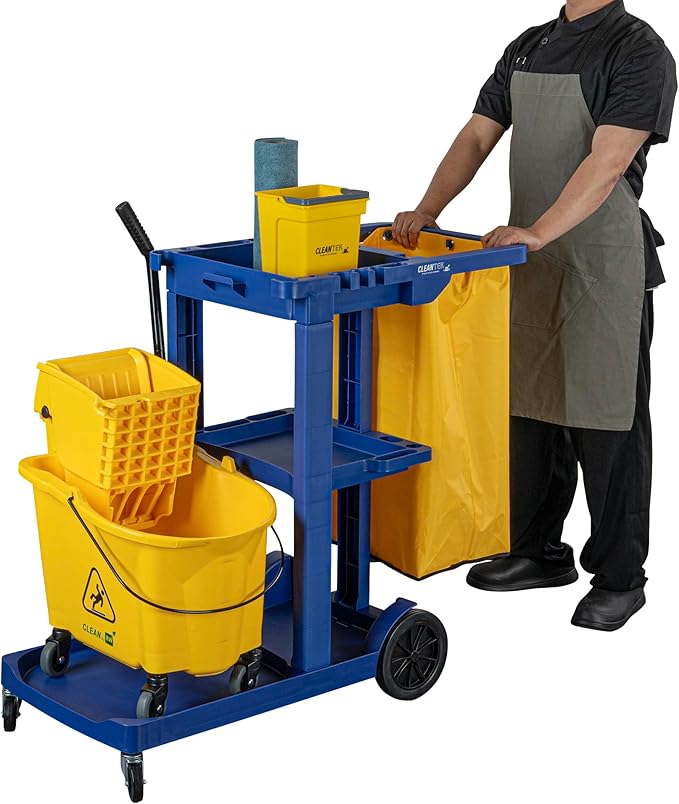 Restaurantware-Clean Tek Professional Janitor Cart with Wheels, 1 Cleaning Trolley with 18 Gallon Bag - 3 Shelves, Heavy-Duty, Blue Plastic Commercial Janitorial Cart, for Restaurants