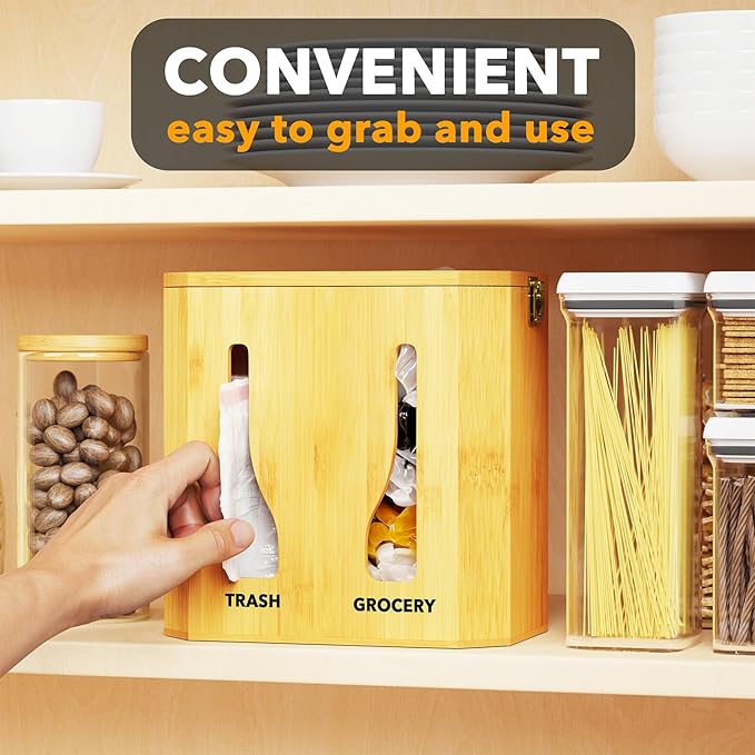 SpaceAid Bamboo 2 in 1 Garbage Bag Roll Holder & Dispenser, Under Sink Organizer for Kitchen Storage