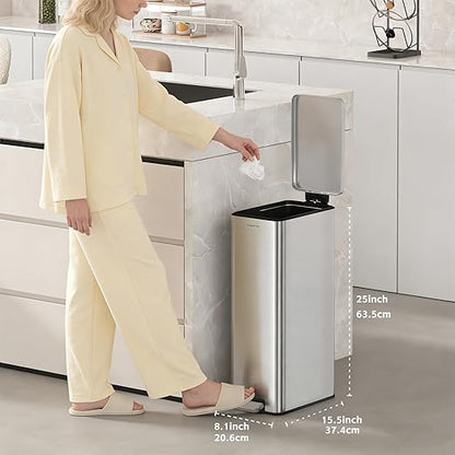 Slim Kitchen Trash Can with Lid, 8.1 Gallon Stainless Steel Space-Saving Garbage Can-Step Pedal Wastebasket Slim Garbage Can for Office, Bedroom, Living Room