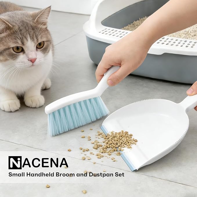 NACENA Handheld Dustpan and Broom Set – Mini Compact Brush Combo for Desktop, Sofa, Car & Kitchen Crumbs Small Cleaning Tool with Stiff Bristles, Blue