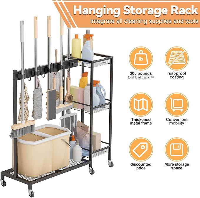Heavy Duty Rolling Storage Cart & Cleaning Caddy - Freestanding Broom and Mop Organizer, 3-Tier Utility Cart on Wheels for Laundry Room Organization and Storage, Garage & Home Organization Bl