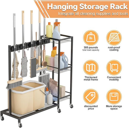 Heavy Duty Rolling Storage Cart & Cleaning Caddy - Freestanding Broom and Mop Organizer, 3-Tier Utility Cart on Wheels for Laundry Room Organization and Storage, Garage & Home Organization Bl