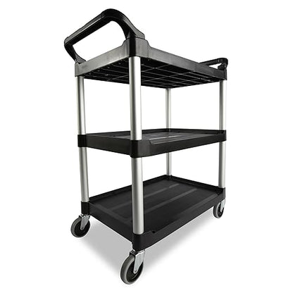 Rubbermaid Commercial Products Heavy Duty 3-Shelf Rolling Service/Utility/Push Cart, 200 lbs. Capacity, Black, for Foodservice/Restaurant/Cleaning/Warehouse/Garage