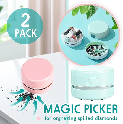 Honoson 2 Pcs Diamond Painting Tool Drill Quicker Picker for Spilled Diamonds 5d Painting Accessories Vacuum Cleaner Mini Table Desktop Sweeper Organizer Clean Art Beads Crumb(Pink, Green)