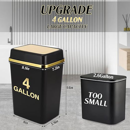 3 Pack Bathroom Trash Can with Lid 4 Gallon Small Trash Can Black Bathroom Trash Can with 225 Counts Trash Bags for Kitchen Bedroom Office
