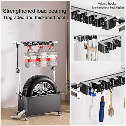 Freestanding Floor Mop Sink with 26cm Deep Basin, 93-124cm Adjustable Height Broom Mop Holder Organizer Movable Mop Sink with Wheels for Laundry Backyard Garage